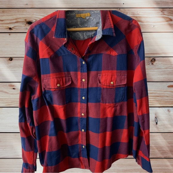 Jack’s Girlfriend Tops - Jacks Girlfriend Buffalo Plaid Navy Blue Red Soft Flannel Long Tab Button Sleeve